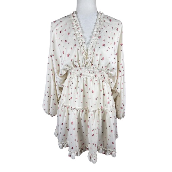 Blush Mark Dresses & Skirts - Blush Mark Cream Pink Floral Ruffle V-Neck Smocked Mini Dress 1005943 Small